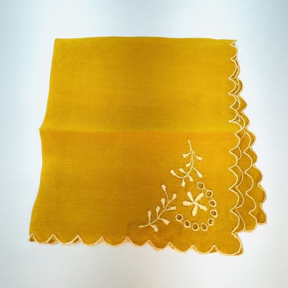 Vintage Silk Embroidered Handkerchief Orange Flower Motif Scalopped Edge Germany